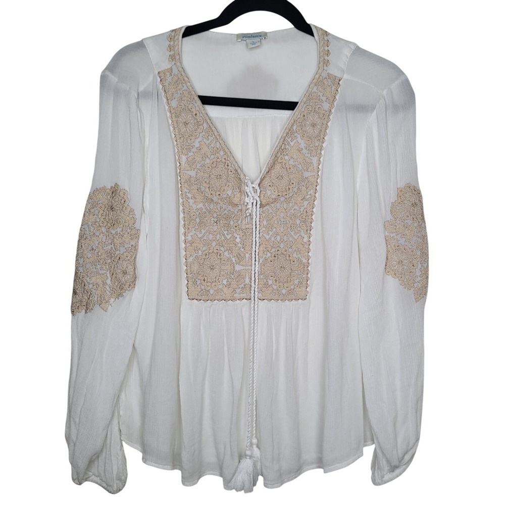 Sundance Palace Pathway Tunic Sz L White Gold Embroidered Lace-up Tasseled Boho - Picture 1 of 10